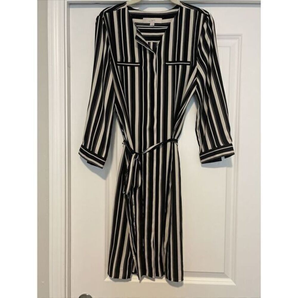 LOFT Shirt Dress Sz 8 Tie Waist‎ Black Cream Stripe Button 3/4Sleeve - Picture 3 of 7